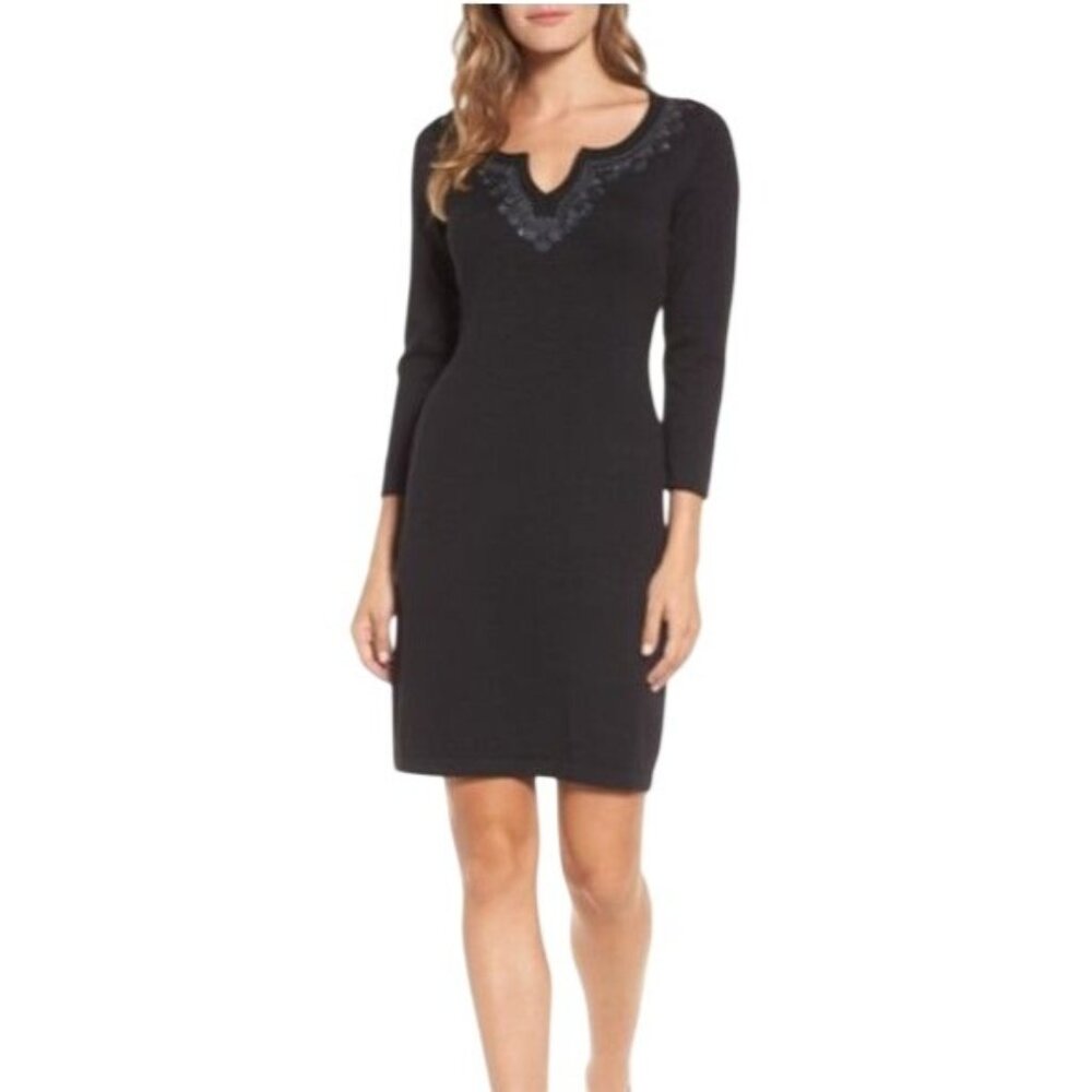 Tommy Bahama Pickford Embellished Split Neck Sweater Dress S Black Knit Stretch